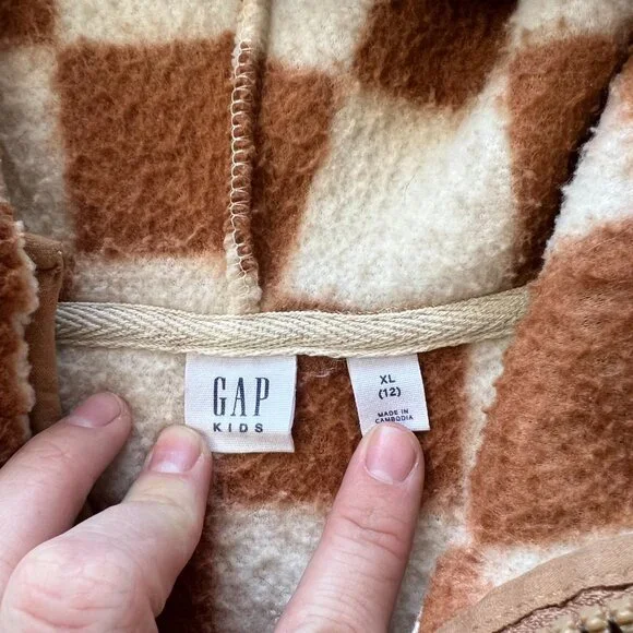 Gap Kids XL (12) Cream & Brown Checkered Hooded Fleece Pullover Jacket - Picture 5 of 8
